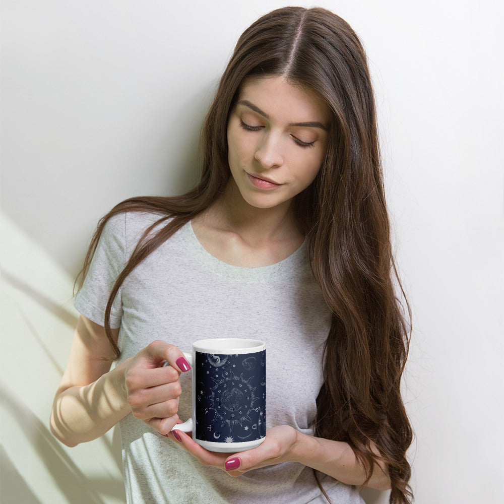 Navy Blue Moon Zodiac White Glossy Mug