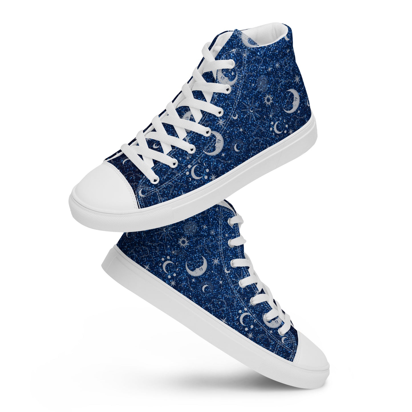 Blue Silver Glitter Moon Women’s High Top Canvas Shoes