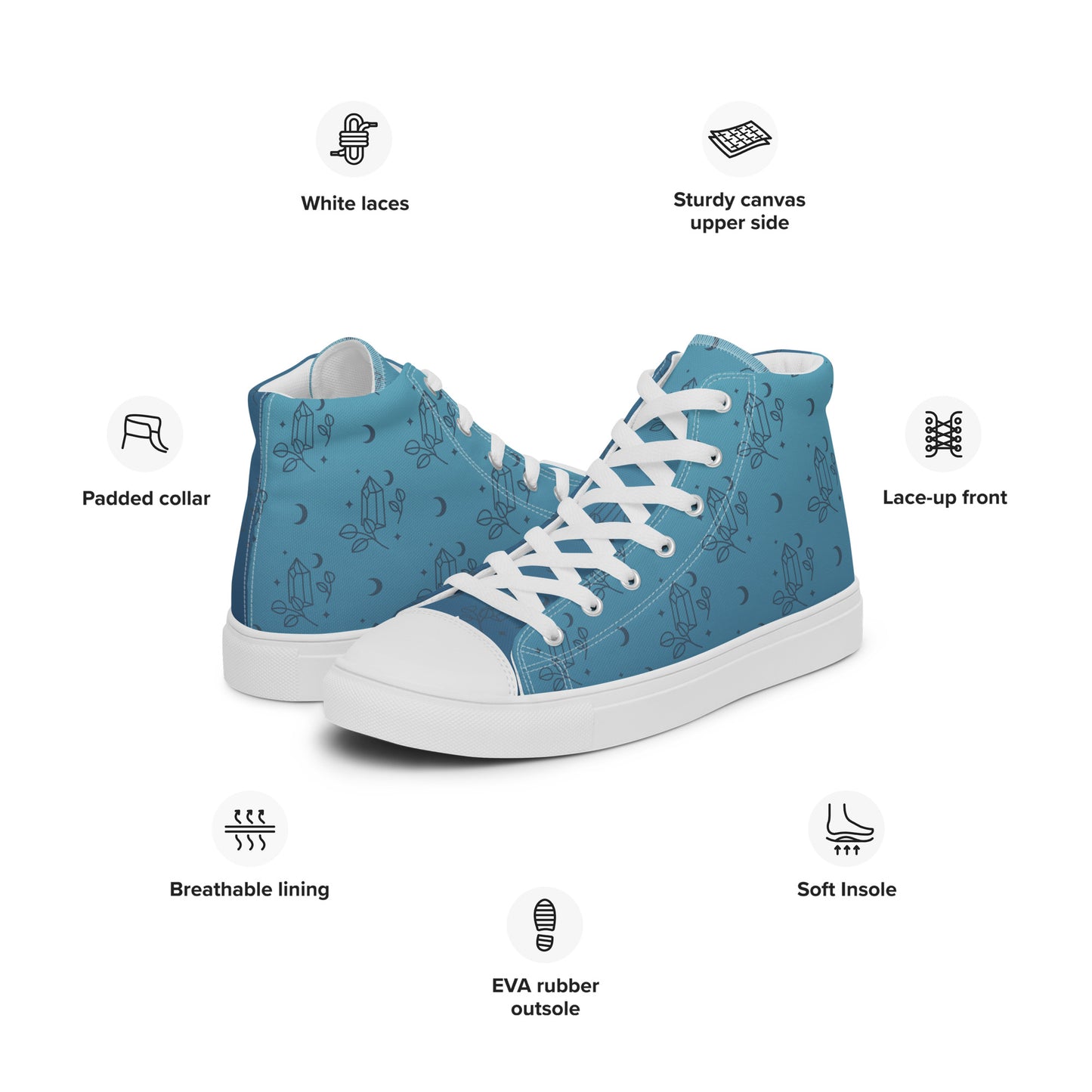 Blue Gradient Crystal Moon Women’s High Top Canvas Shoes