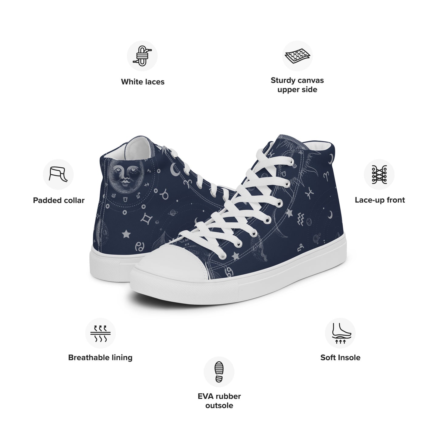 Navy Blue Moon Zodiac Women’s High Top Canvas Shoes