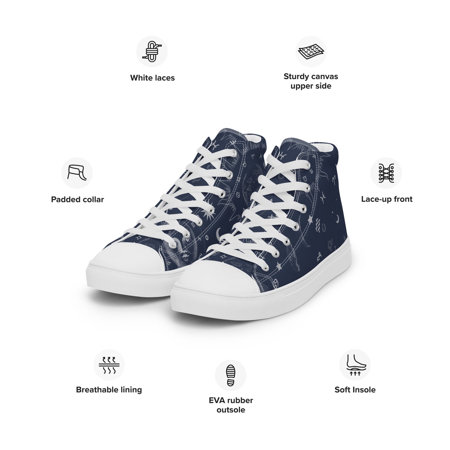 Navy Blue Moon Zodiac Women’s High Top Canvas Shoes