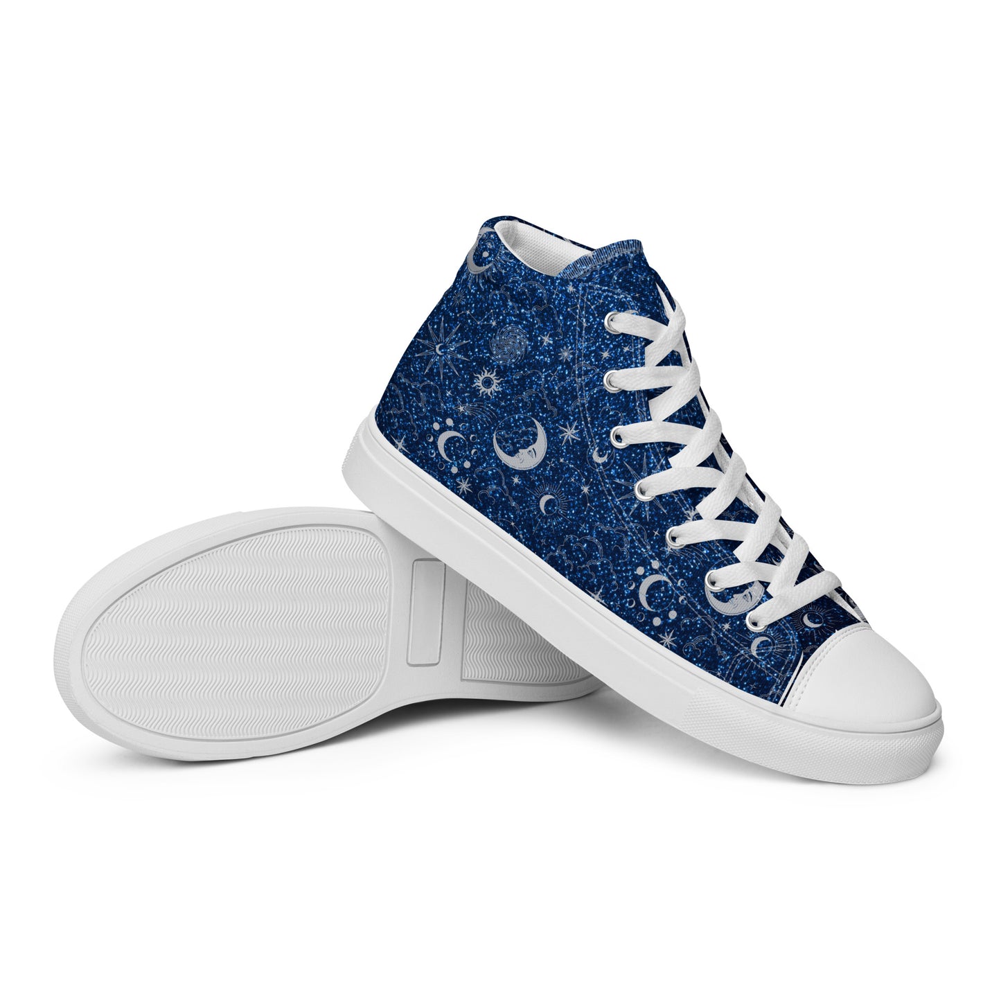 Blue Silver Glitter Moon Women’s High Top Canvas Shoes
